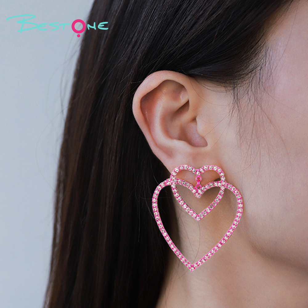 Earring Heart Fushia with Rhinestones 45x50mm