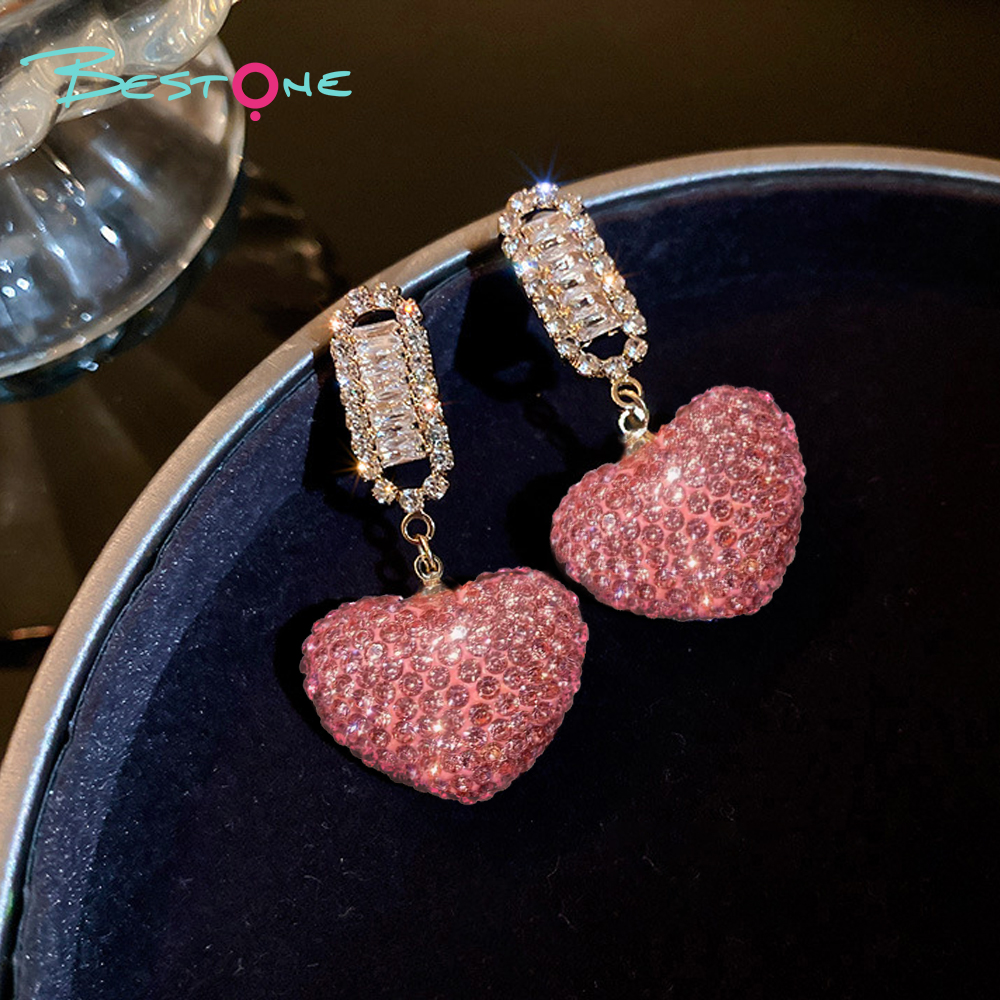 Crystal  Rhinestones Bling Earring Heart Pink Gold Plated