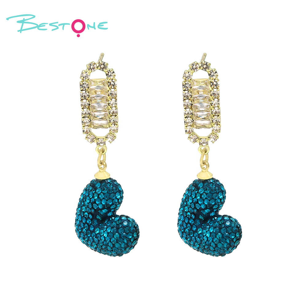 Crystal  Rhinestones Bling Earring Blue Heart Gold Plated