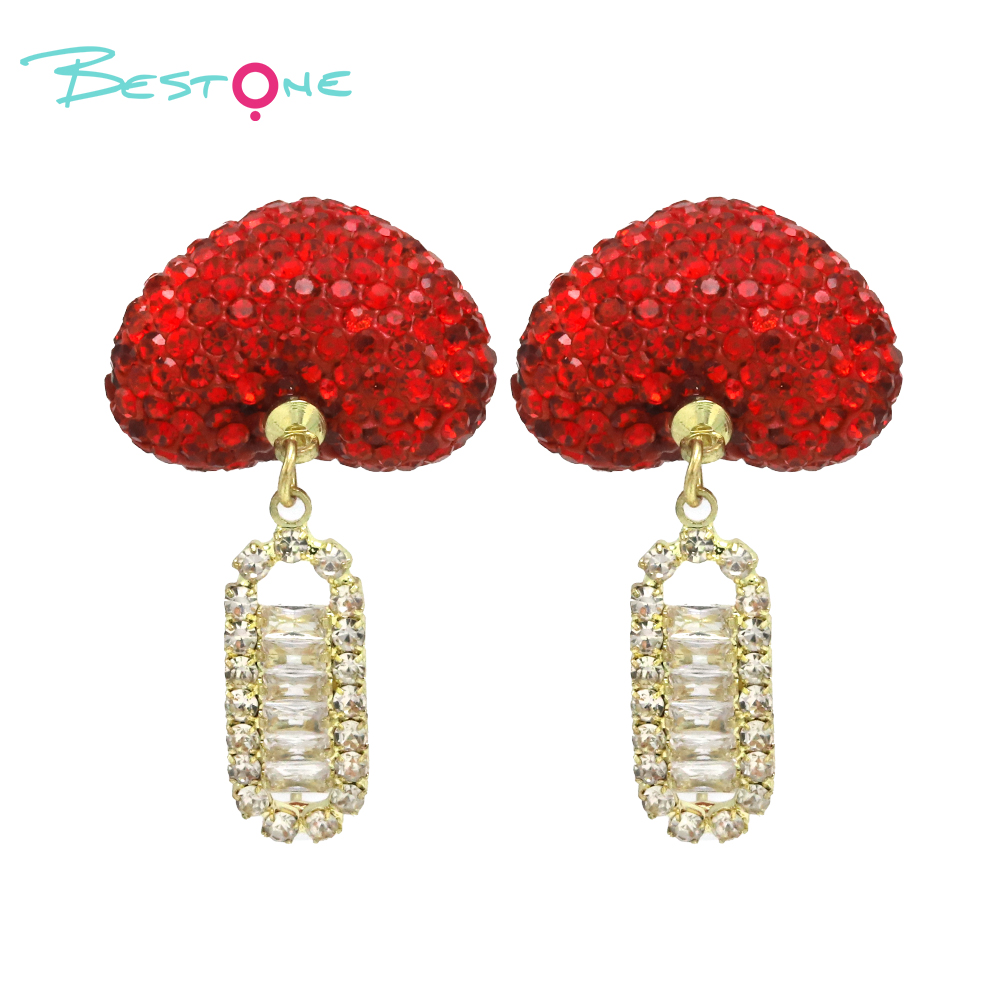 Crystal  Rhinstones Bling Earring Red Heart Gold Plated