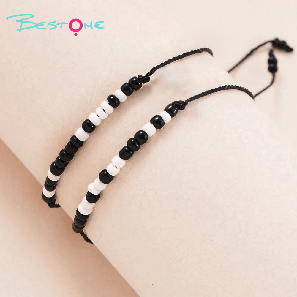 Black Braided Rope Bracelet with Black & White Seed Beads and 3mm Round Beads