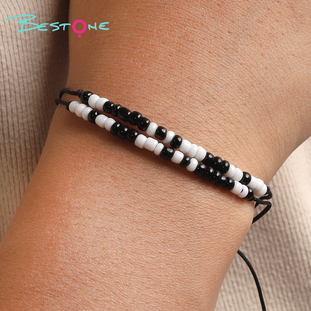 Black Braided Rope Bracelet with Black & White Seed Beads and 3mm Round Beads