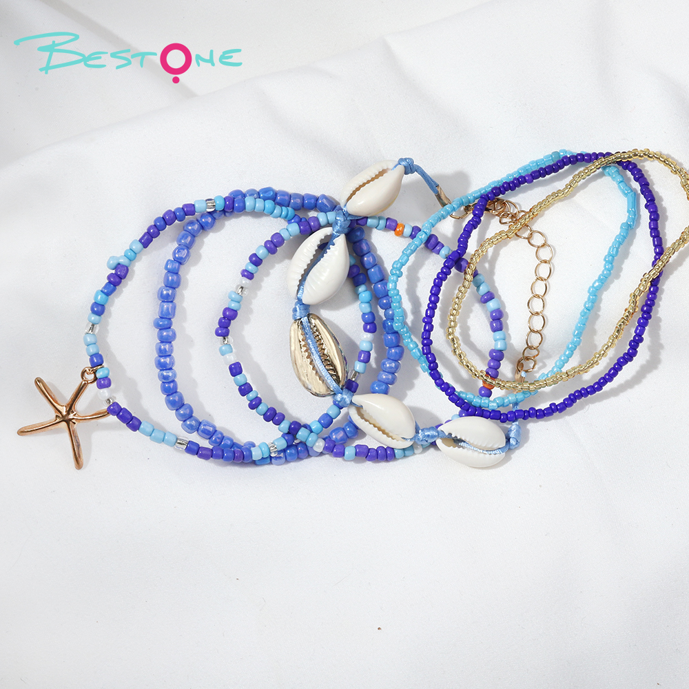 Pendant Bracelet Set with Shell and Starfish Charms - Blue