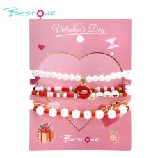 5-Piece Bracelet Set with Imitation Pearls, Seed Beads, and Alloy - Red & White