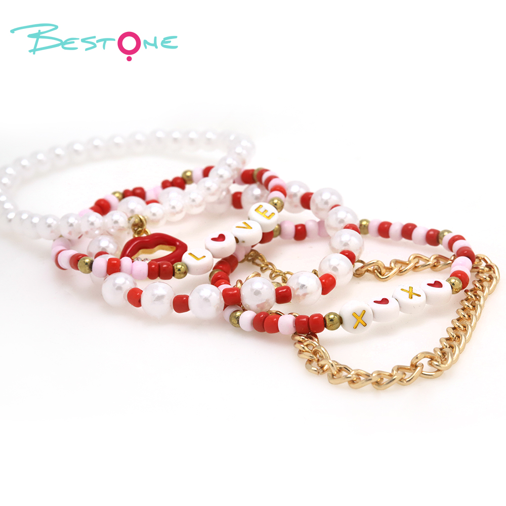 5-Piece Bracelet Set with Imitation Pearls, Seed Beads, and Alloy - Red & White