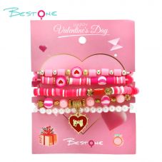 Multilayer Beaded Bracelet with Alloy, Acrylic, Soft Clay, Imitation Pearl, and Heart Bow Charms - Pink