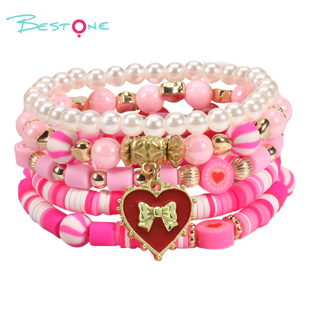 Multilayer Beaded Bracelet with Alloy, Acrylic, Soft Clay, Imitation Pearl, and Heart Bow Charms - Pink