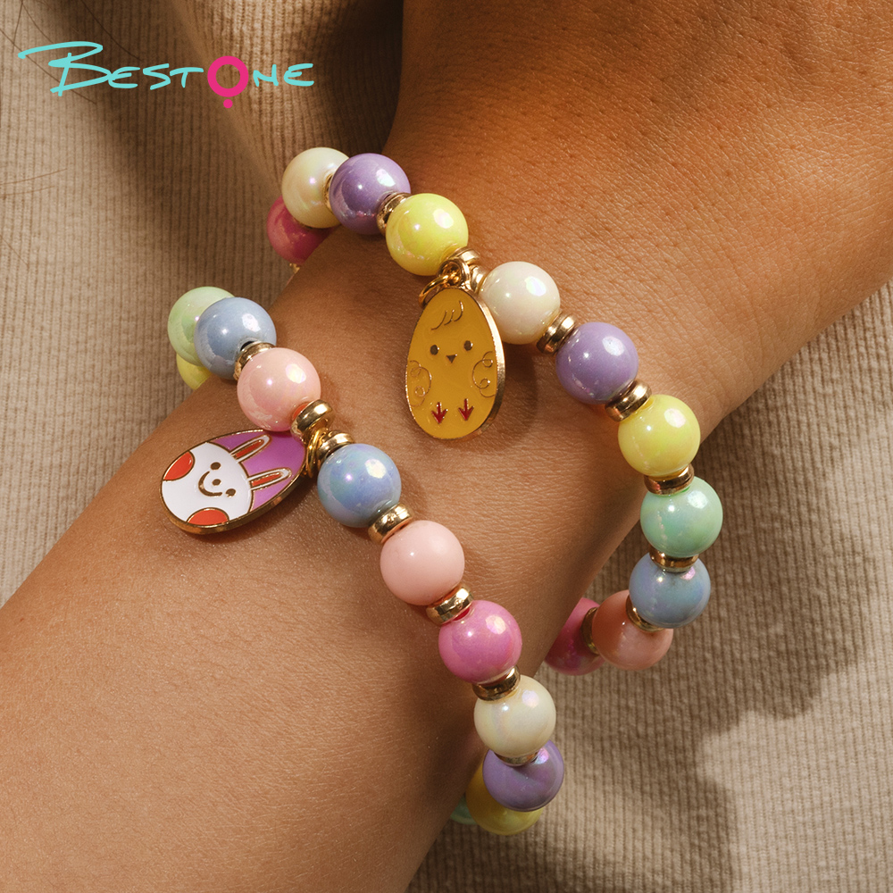 Colorful Woven Beaded Bracelet with Acrylic Beads, Plastic Gold Rings, and Oval Alloy Egg Pendant