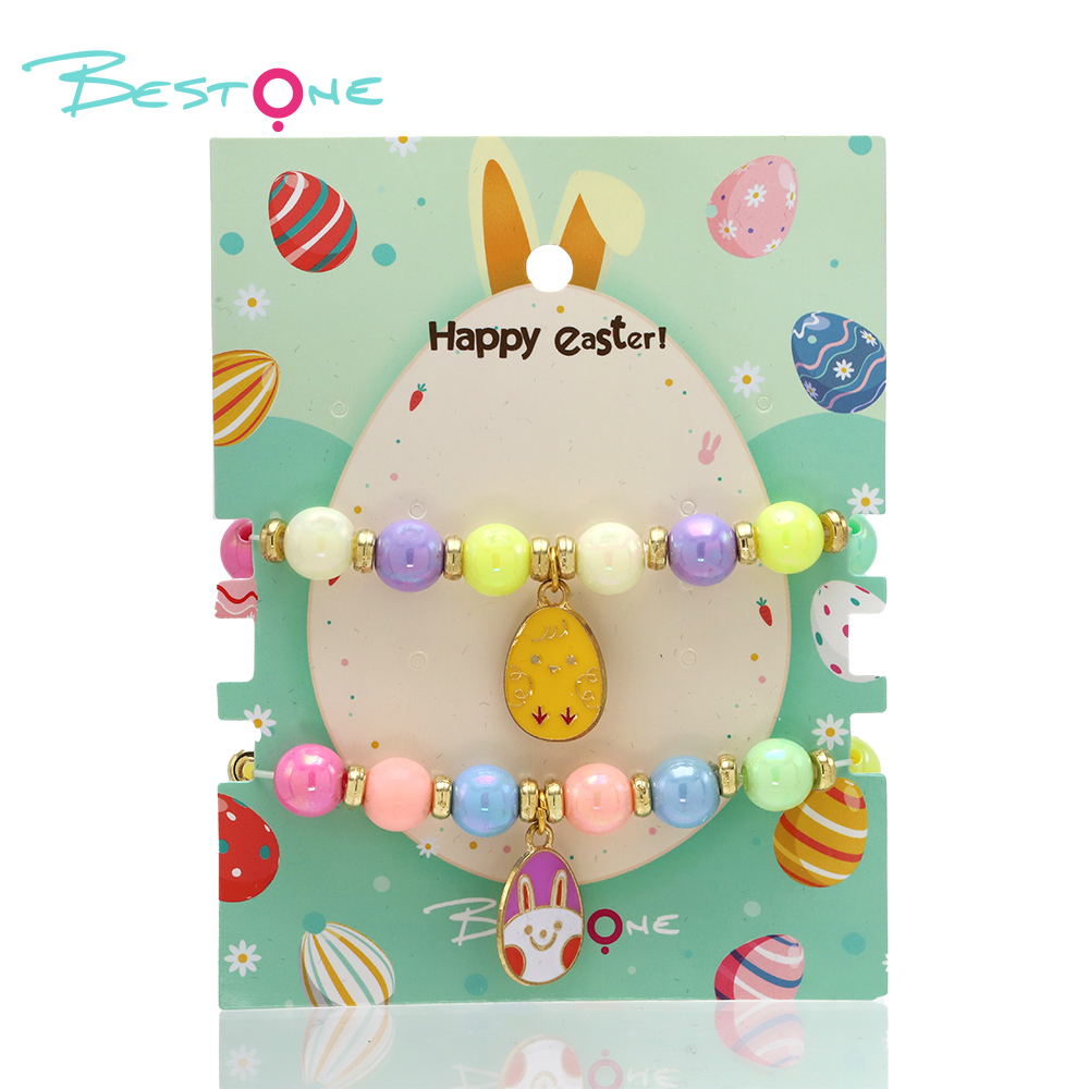 Colorful Woven Beaded Bracelet with Acrylic Beads, Plastic Gold Rings, and Oval Alloy Egg Pendant