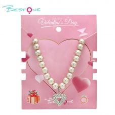 Glass Imitation Pearl Necklace with Rhinestone Heart Pendant