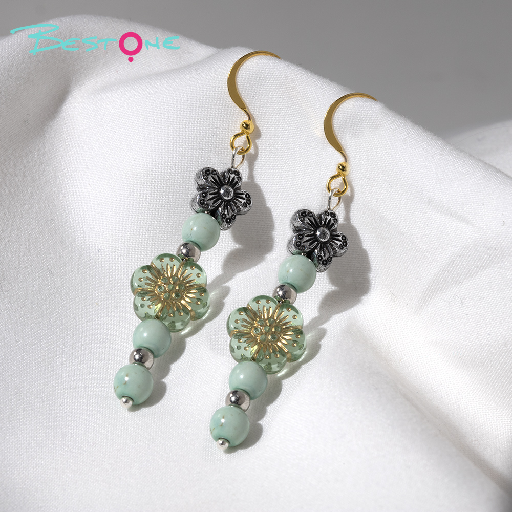 Mint Green Floral Beaded Drop Earrings