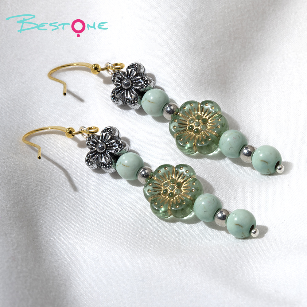 Mint Green Floral Beaded Drop Earrings