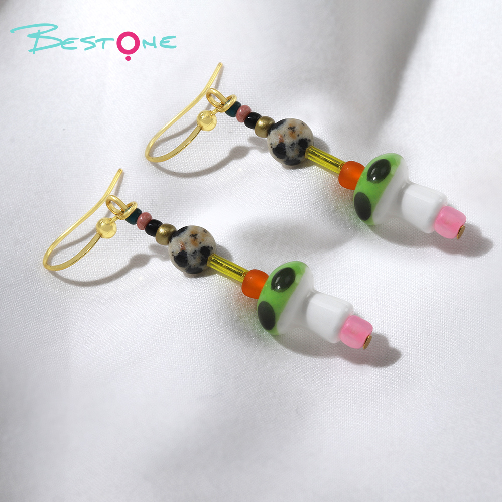 Playful Green Mushroom Beaded Drop Earrings