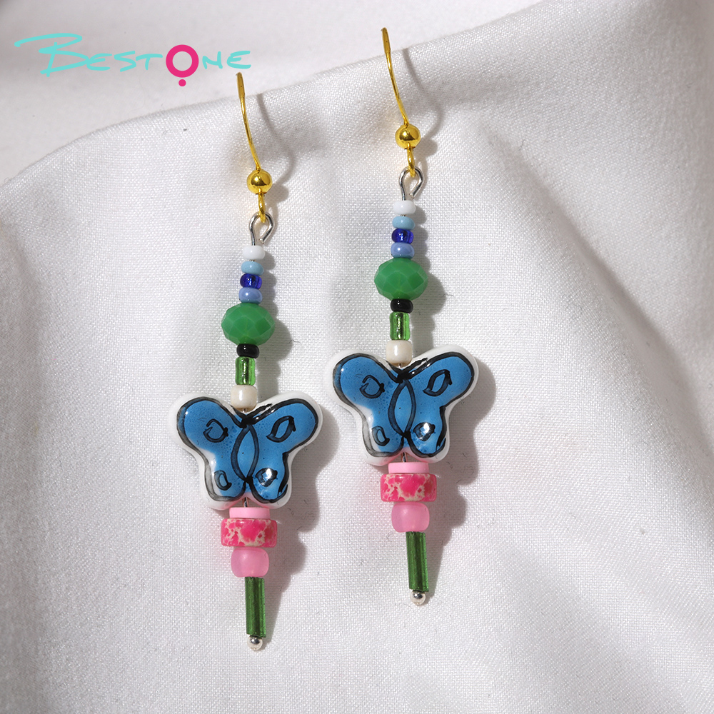 Blue Butterfly Charm Beaded Drop Earrings