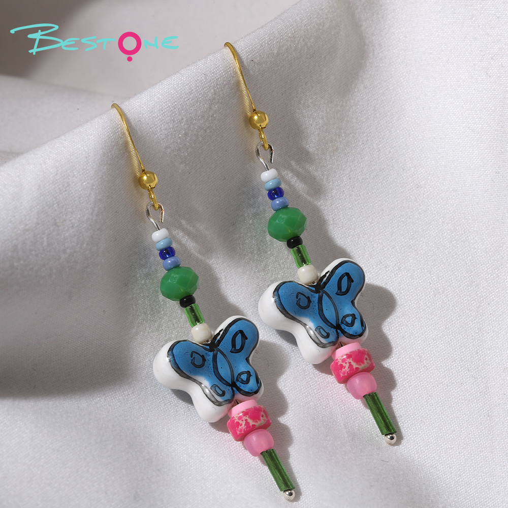 Blue Butterfly Charm Beaded Drop Earrings