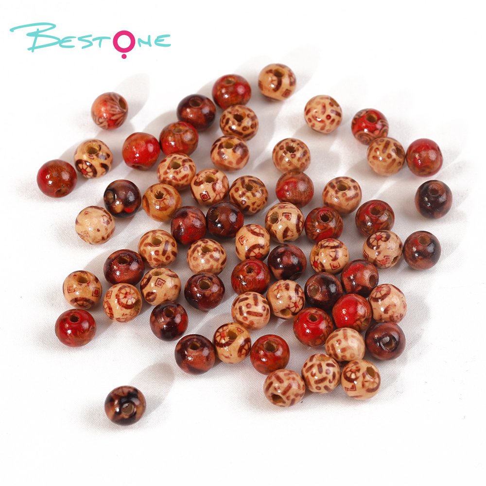 Bestone Wholesale Low Price Mixed atterns 24Pcs 16mm Art print brown painted wood bead for crafts