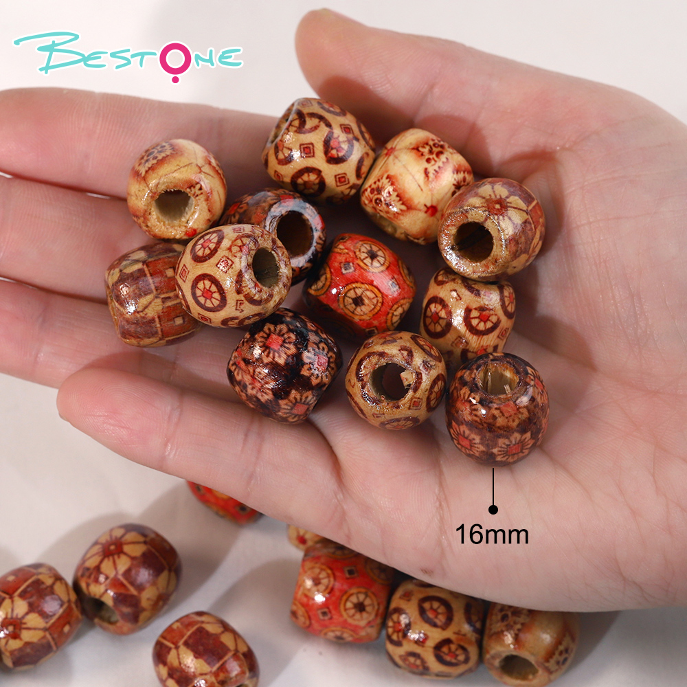 Bestone Wholesale Low Price Mixed atterns 24Pcs 16mm Art print brown painted wood bead for crafts