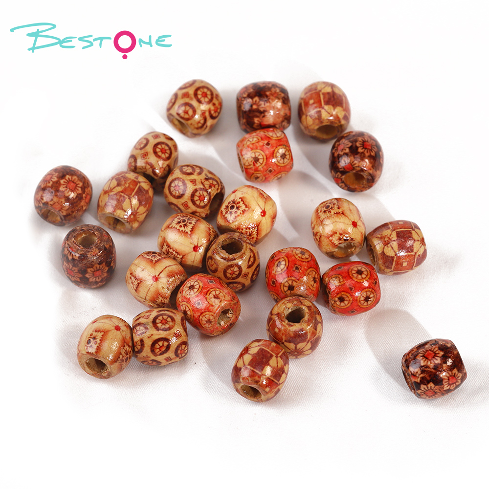 Bestone Wholesale Low Price Mixed atterns 24Pcs 16mm Art print brown painted wood bead for crafts