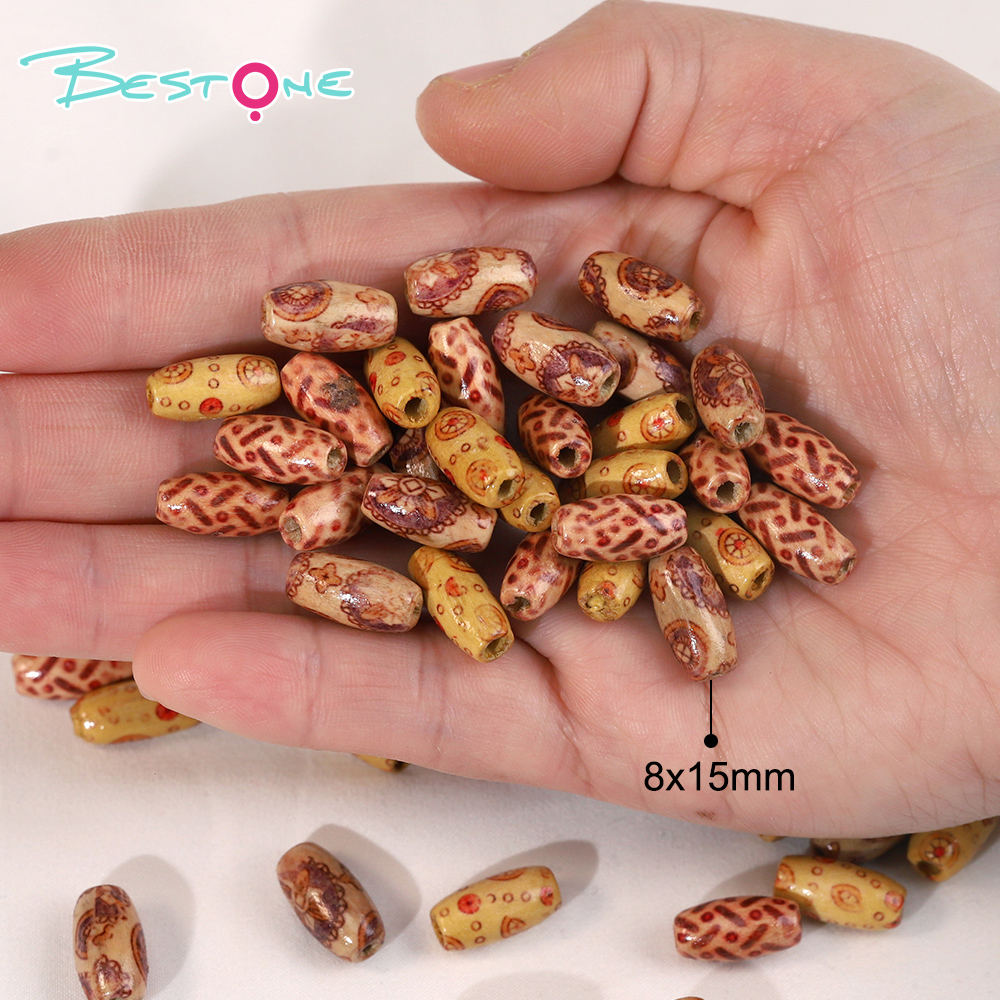 Bestone Wholesale Low Price Mixed atterns 24Pcs 16mm Art print brown painted wood bead for crafts