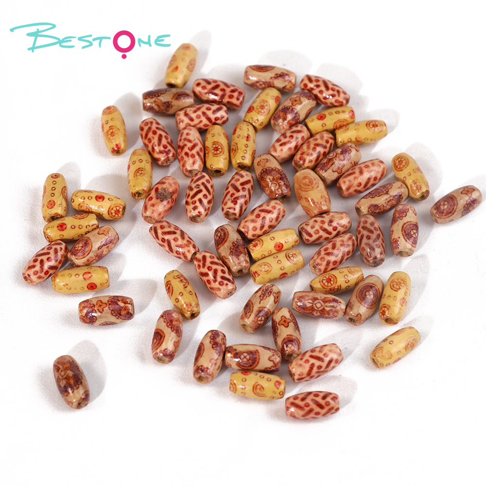 Bestone Wholesale Low Price Mixed atterns 24Pcs 16mm Art print brown painted wood bead for crafts