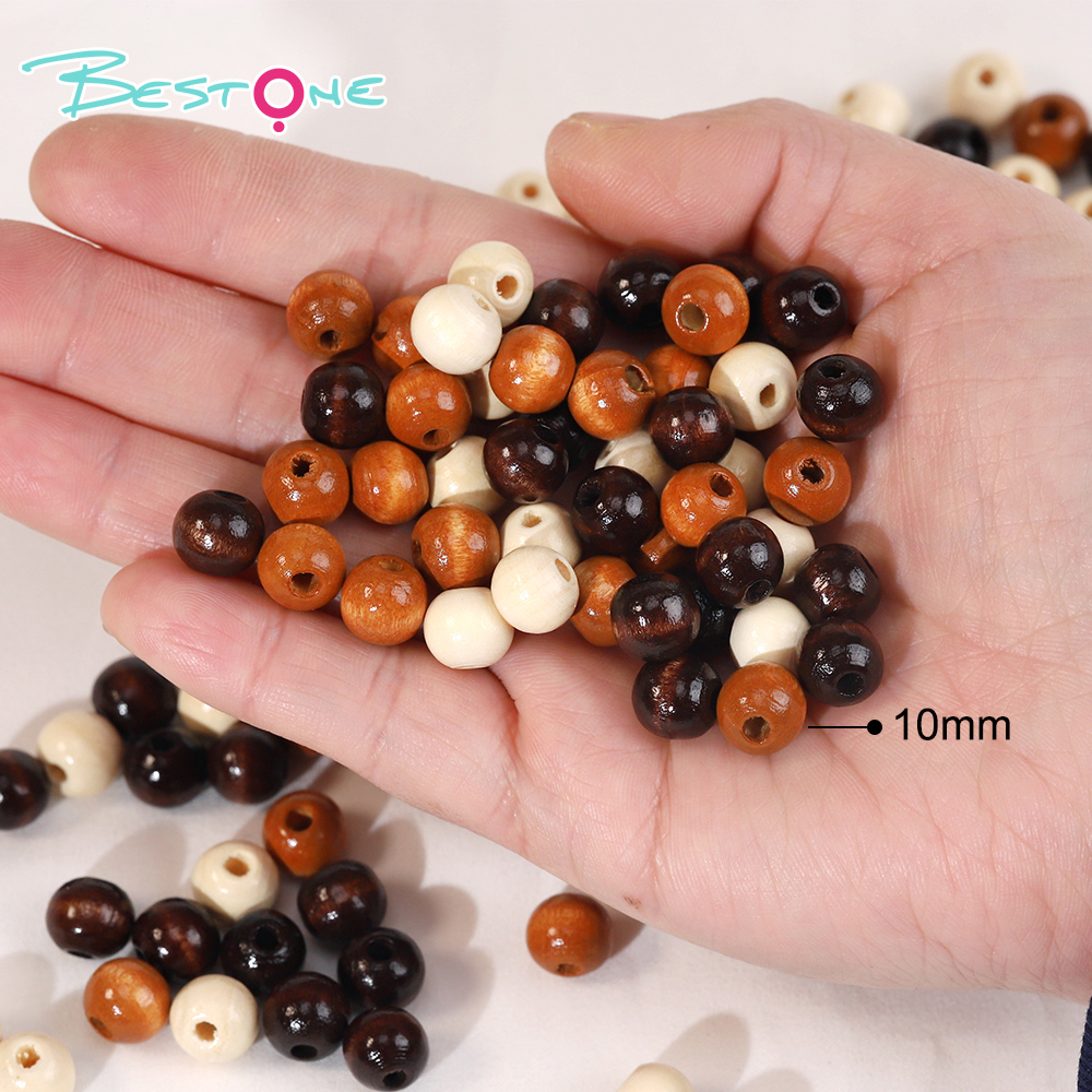 Bestone Wholesale Low Price Mixed atterns 24Pcs 16mm Art print brown painted wood bead for crafts