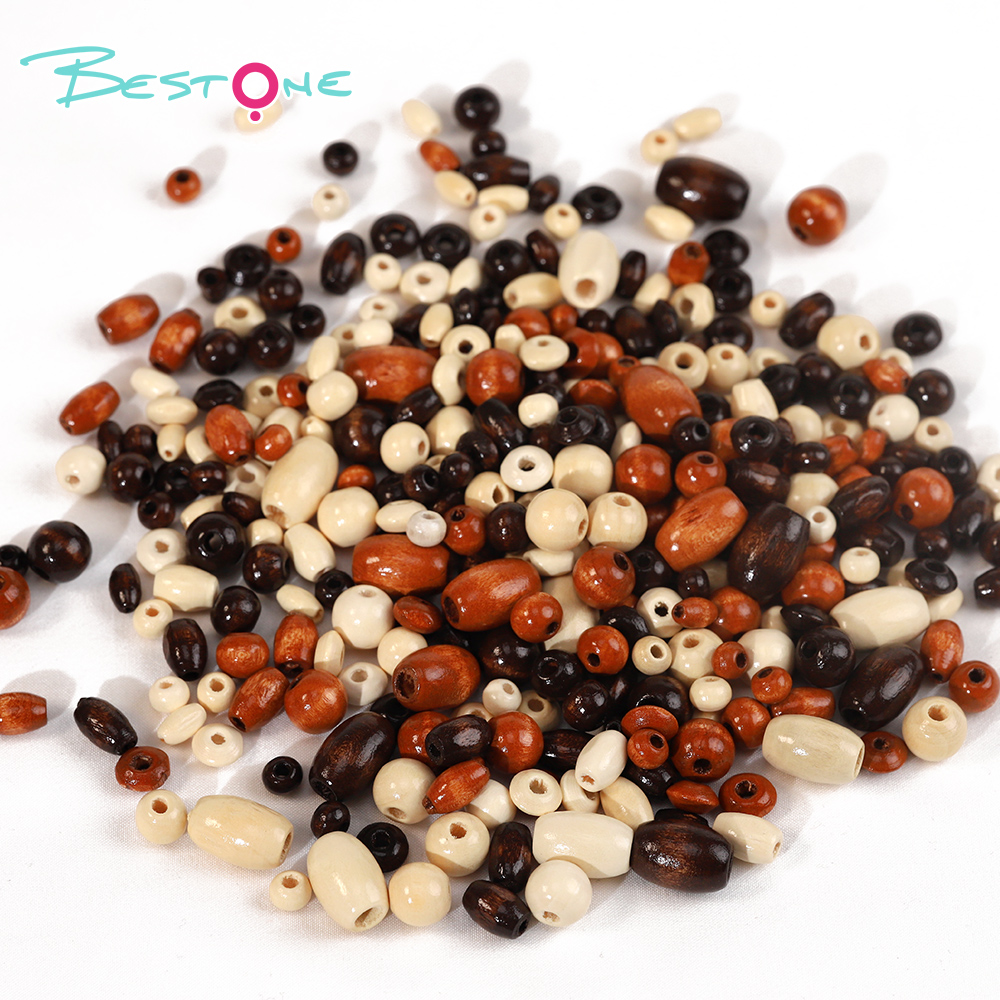 Bestone Wholesale Low Price Mixed atterns 24Pcs 16mm Art print brown painted wood bead for crafts